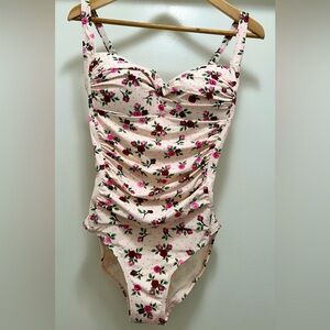 Betsey Johnson, Bandeau, one piece, slimming swimsuit, pink & red roses.
